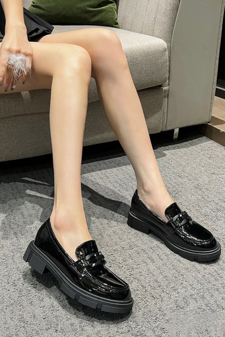 Women's Low Flatform Loafers in Black With Chain Trim Detail
