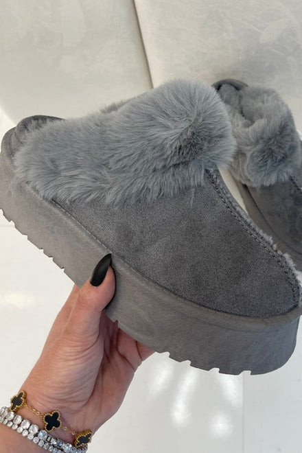 GREY PLATFORM MULE SLIPPER FAUX FUR FLUFFY SHOES