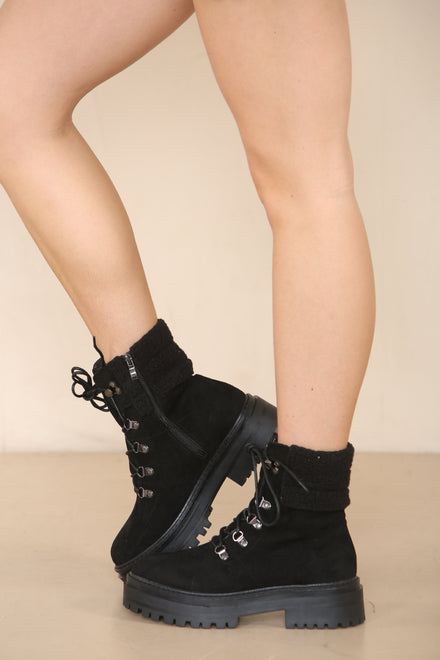 Black Suede Fur Collar Lace up Ankle Boots