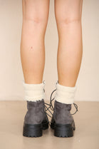 Grey Suede Fur Collar Lace up Ankle Boots