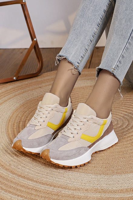 BEIGE LACE UP SIDE DETAIL FLAT TRAINERS SNEAKERS