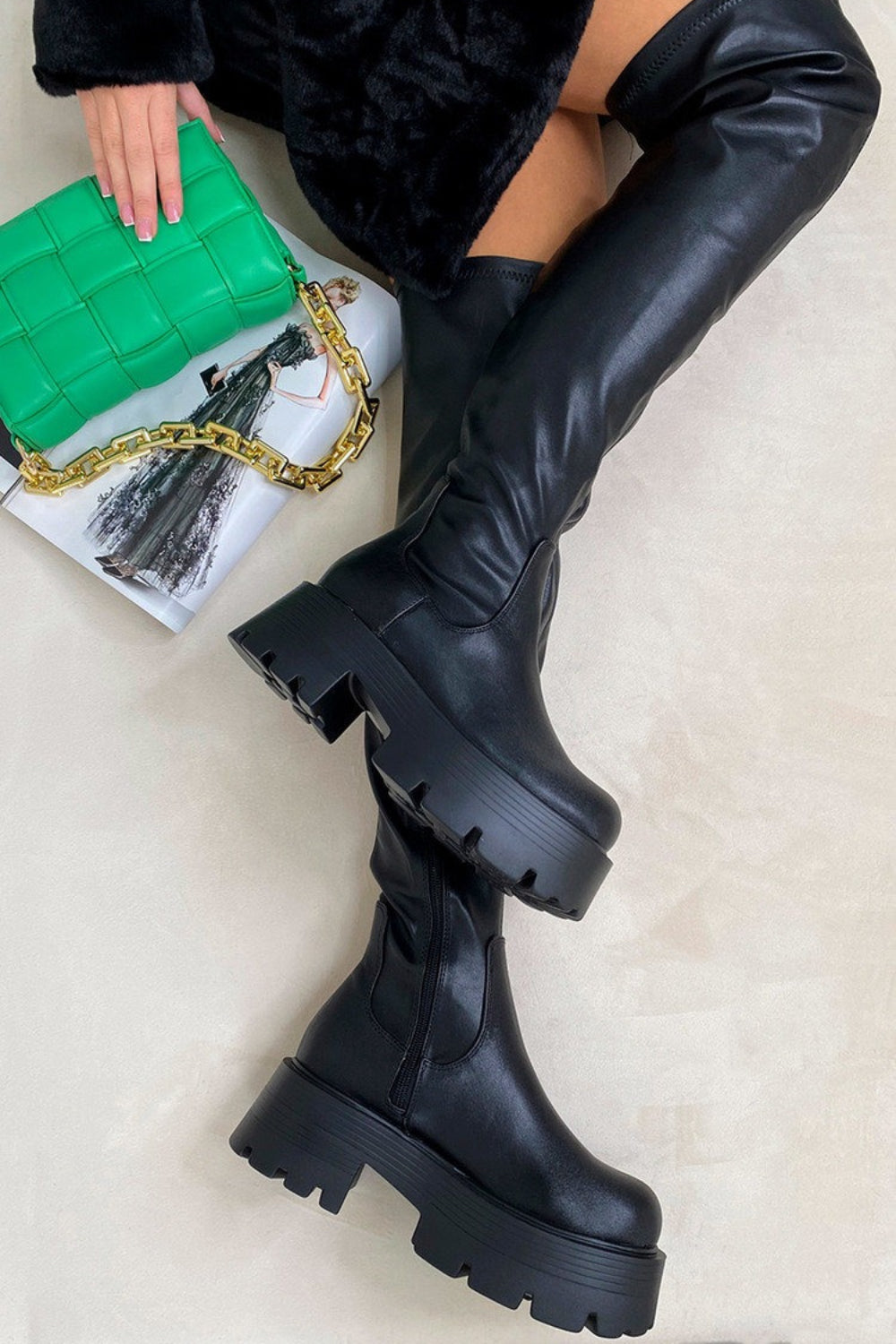 Black PU Chunky Chelsea Calf High Boots With Side Zip