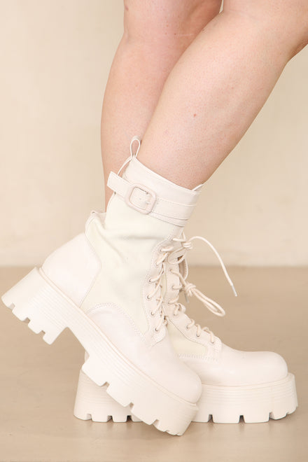 Cream PU Chunky Chelsea Ankle Boots With Lace Up & Side Zip