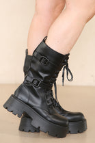 Black PU Chunky Chelsea Ankle Boots With Front Lace Up & Side Zip