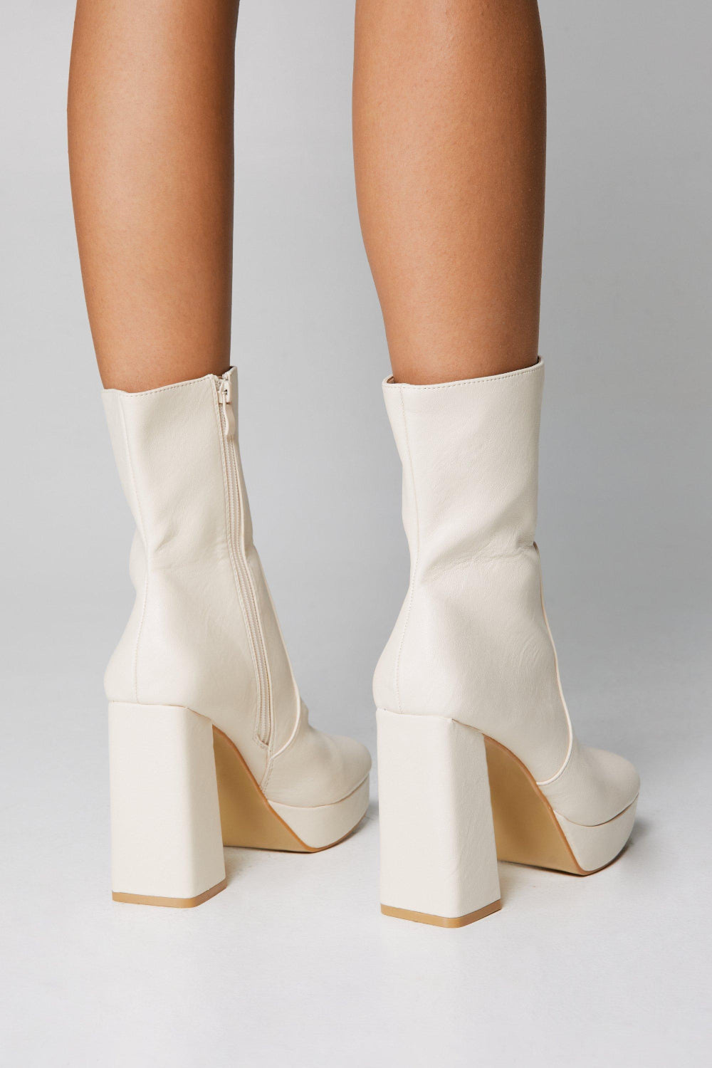 Cream PU Block High Heel Ankle Boots With Side Zip