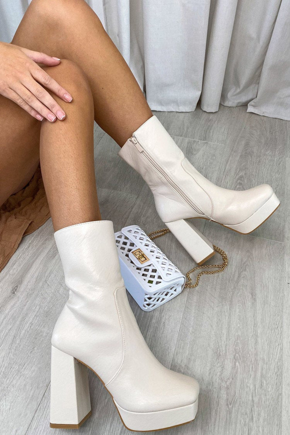 Cream PU Block High Heel Ankle Boots With Side Zip