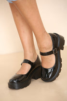 BLACK PATENT BUCKLE STRAP FLATS MARY JANE ROUND TOE SHOES