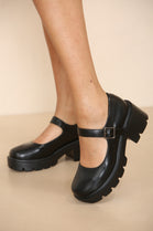 BLACK PU BUCKLE STRAP FLATS MARY JANE ROUND TOE SHOES