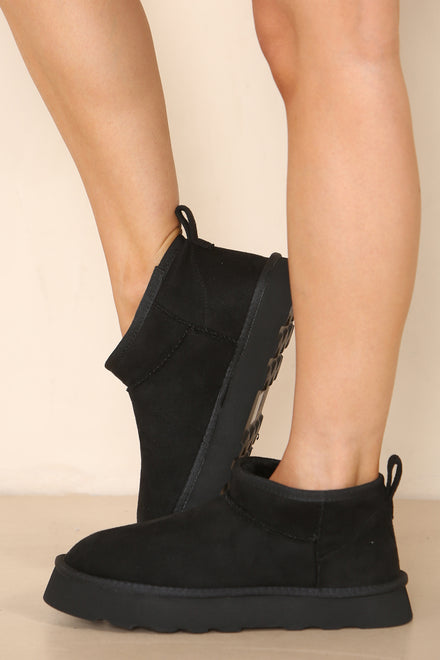 ANKLE LENGTH FAUX FUR LINING BOOTS IN BLACK FAUX SUEDE