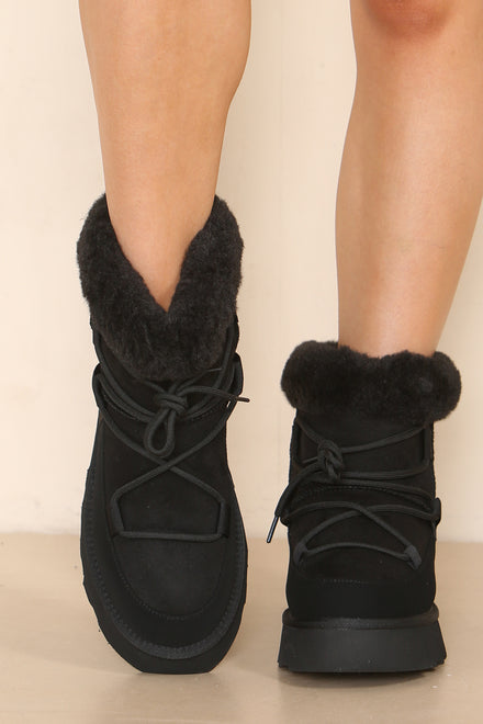 Black Chunky Ankle Snow Winter Biker Boots with Lace Detail