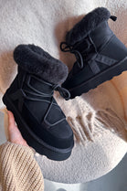 Black Chunky Ankle Snow Winter Biker Boots with Lace Detail