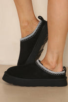 CHUNKY BLACK FAUX SUEDE EMBROIDERED COZY SLIPPER BOOTS