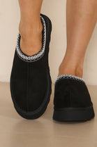 BLACK FAUX SUEDE EMBROIDERED COZY SLIPPER BOOTS