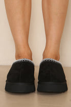 BLACK FAUX SUEDE EMBROIDERED COZY SLIPPER BOOTS