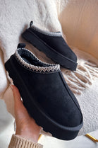 CHUNKY BLACK FAUX SUEDE EMBROIDERED COZY SLIPPER BOOTS