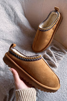 CAMEL FAUX SUEDE EMBROIDERED COZY SLIPPER BOOTS