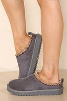 GREY FAUX SUEDE EMBROIDERED COZY SLIPPER BOOTS