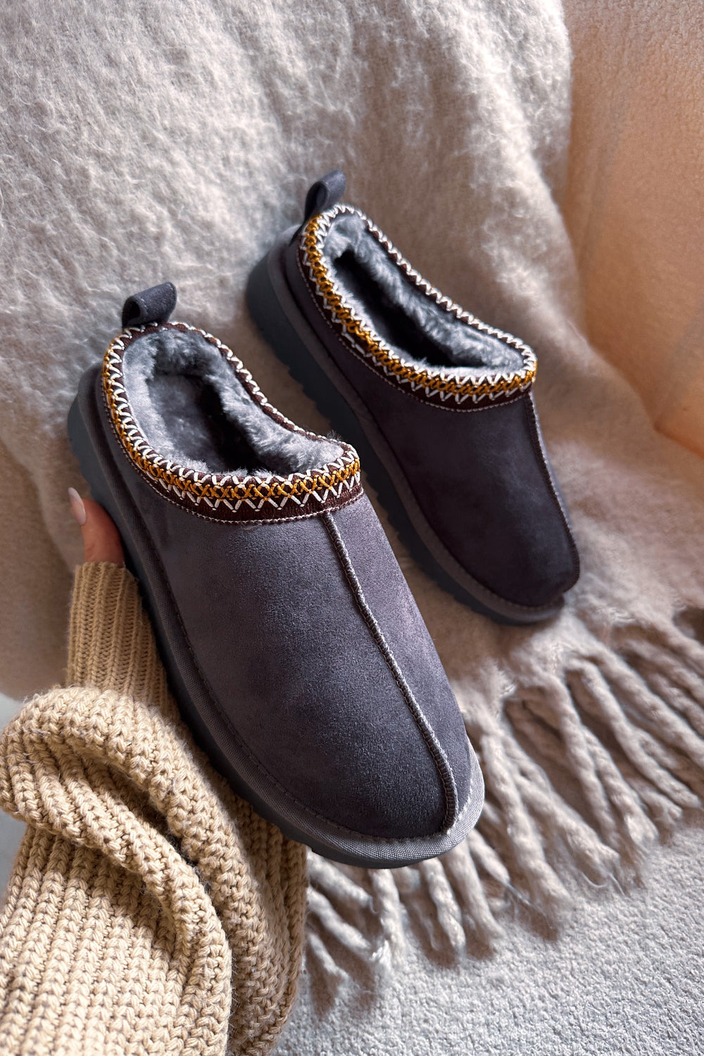 GREY FAUX SUEDE EMBROIDERED COZY SLIPPER BOOTS