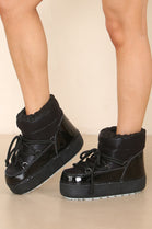 Black Platform Chunky Ankle Snow Winter Boots with Lace Detail