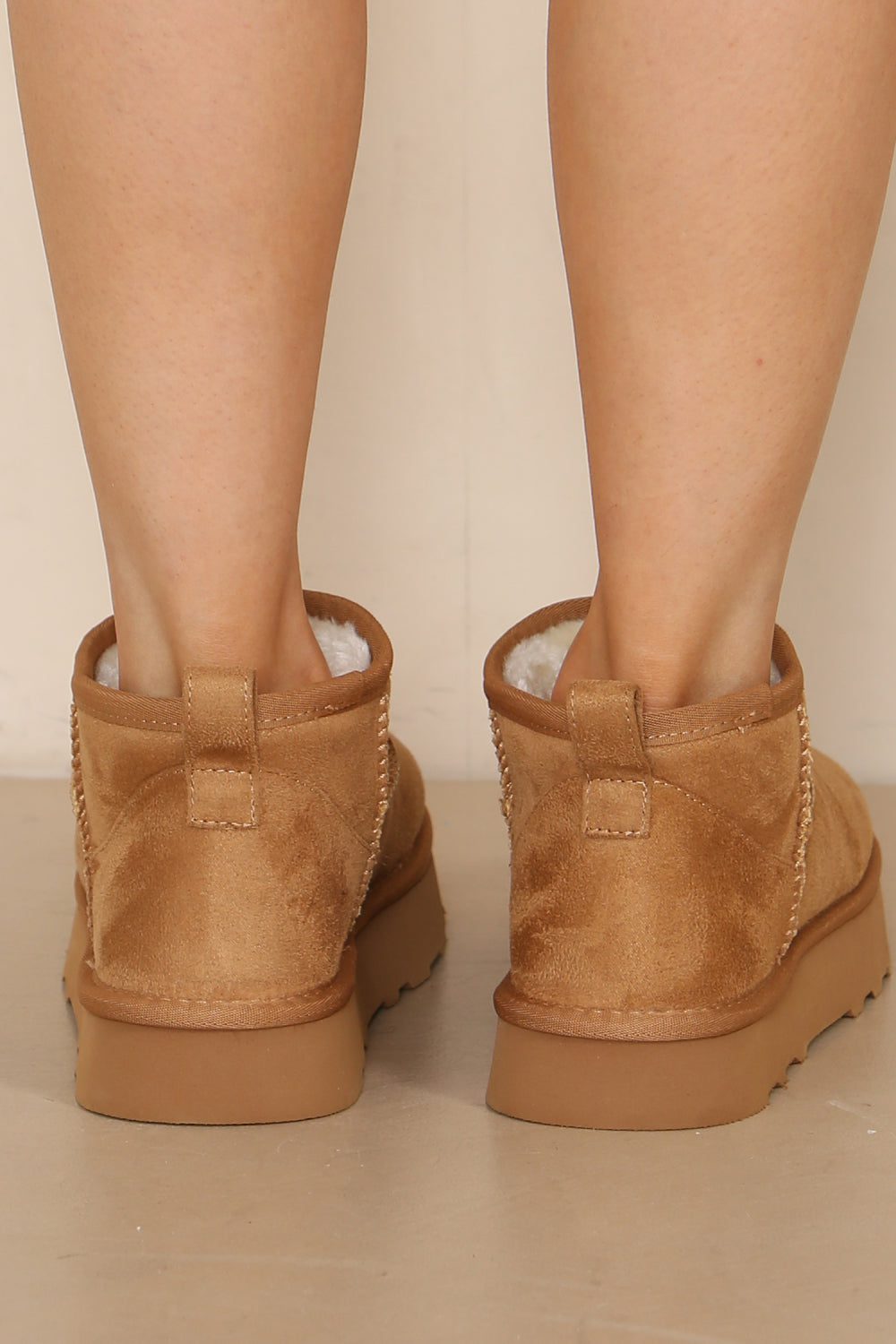 ANKLE LENGTH FAUX FUR LINING BOOTS IN CHESTNUT FAUX SUEDE