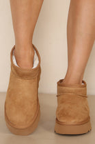 ANKLE LENGTH FAUX FUR LINING BOOTS IN CHESTNUT FAUX SUEDE