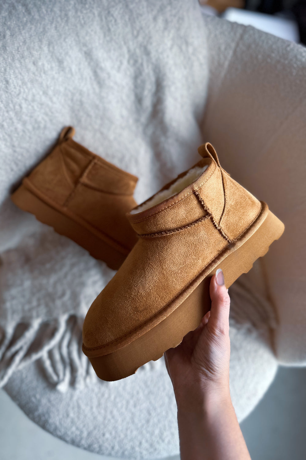 ANKLE LENGTH FAUX FUR LINING BOOTS IN CHESTNUT FAUX SUEDE