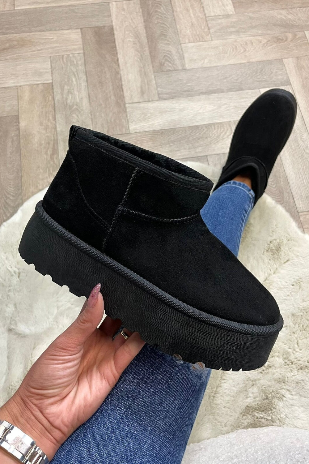 BLACK ULTRA MINI PLATFORM FAUX FUR LINED ANKLE BOOTS