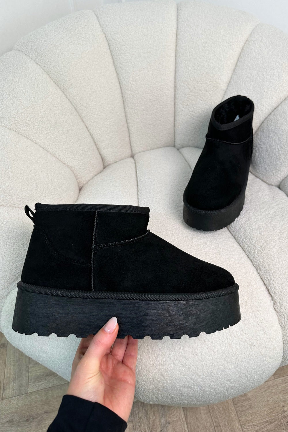 BLACK ULTRA MINI PLATFORM FAUX FUR LINED ANKLE BOOTS