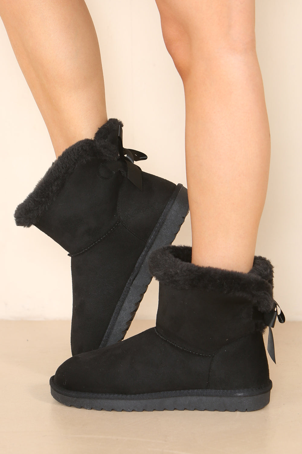 Black Fur Lined Flat Bow Ankle Boots Women Snow Snug Winter Warm Mid Calf Shoes