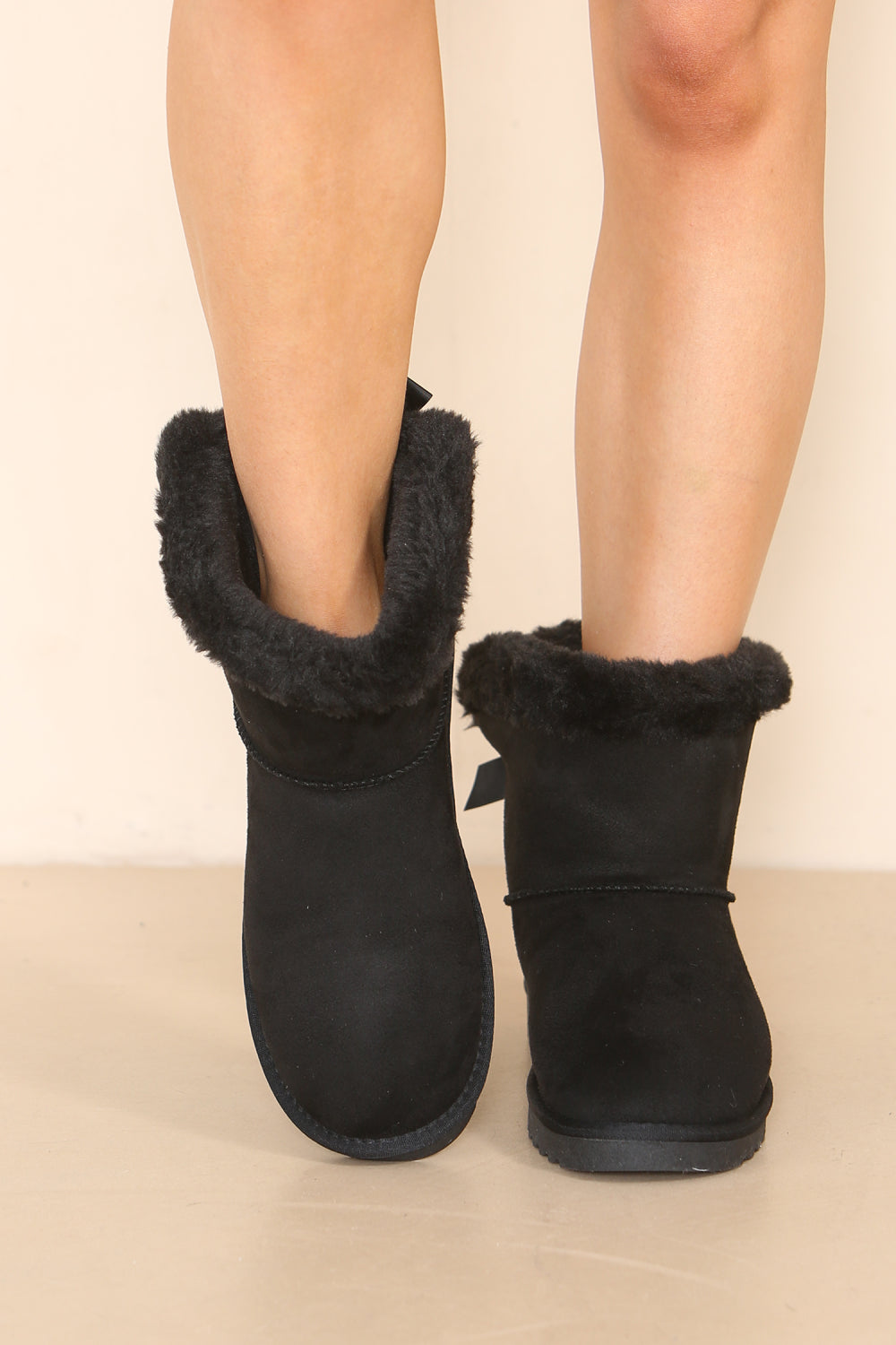 Black Fur Lined Flat Bow Ankle Boots Women Snow Snug Winter Warm Mid Calf Shoes