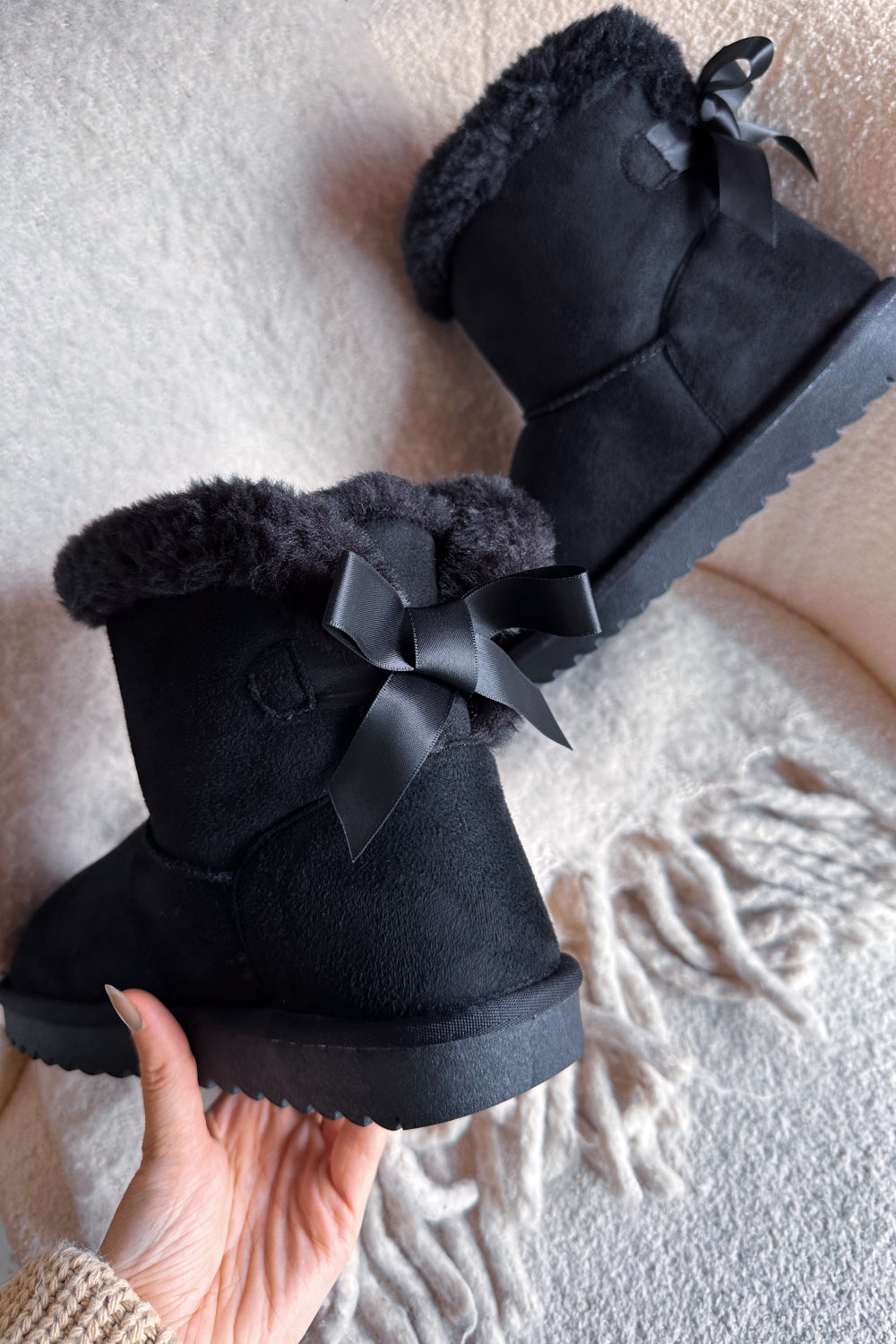 Black Fur Lined Flat Bow Ankle Boots Women Snow Snug Winter Warm Mid Calf Shoes