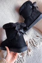 Black Fur Lined Flat Bow Ankle Boots Women Snow Snug Winter Warm Mid Calf Shoes