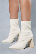 Beige Block Heel Ankle Sock Boots With Pointed Toe