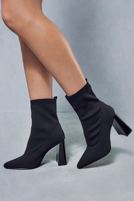 Black Block Heel Ankle Sock Boots With Pointed Toe