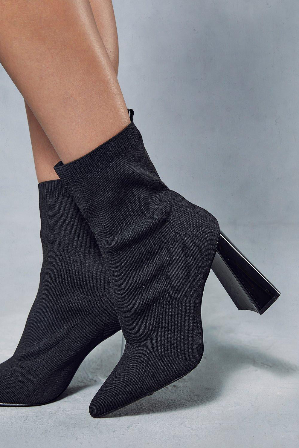 Black Block Heel Ankle Sock Boots With Pointed Toe