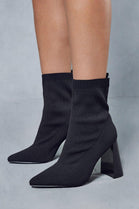 Black Block Heel Ankle Sock Boots With Pointed Toe