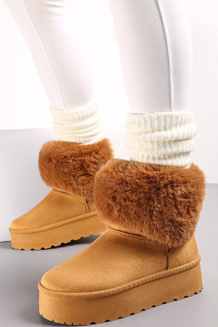 CAMEL FAUX FUR LINED CHUNKY PLATFORM BOW DETAIL FUR COLLAR ANKLE BOOTS