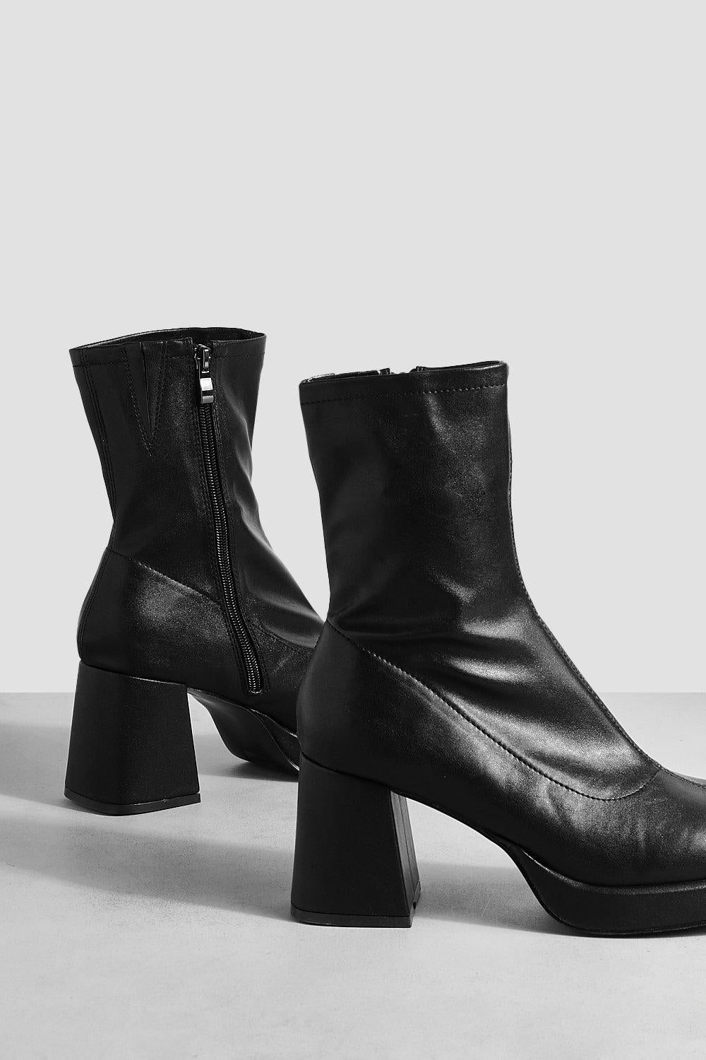 Black PU Block Heel Ankle High Stretch Boots