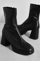 Black PU Block Heel Ankle High Stretch Boots