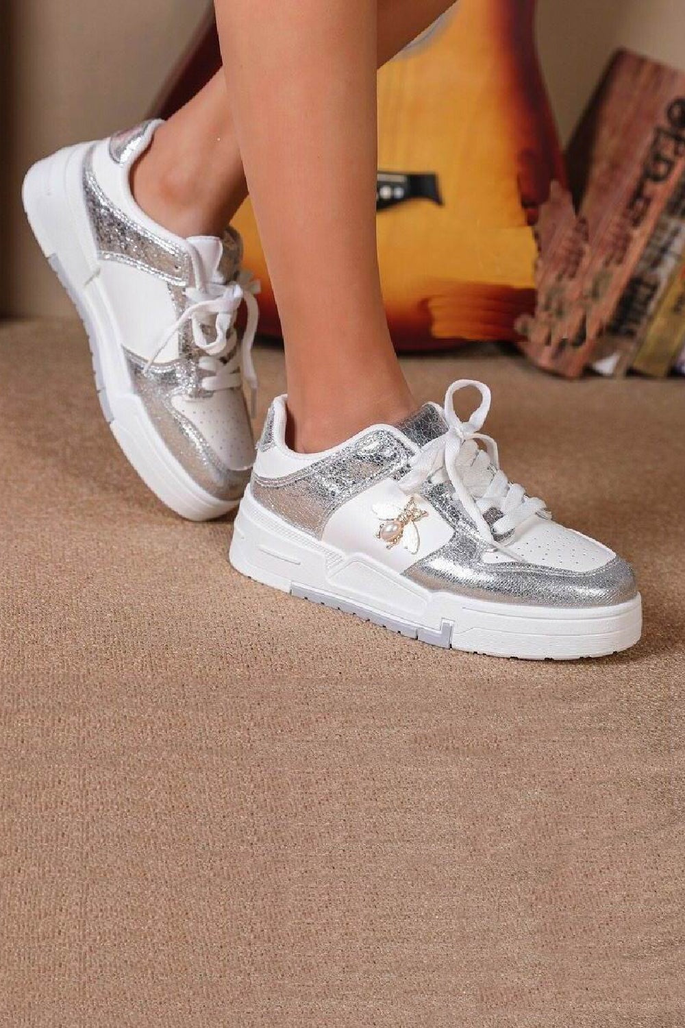 SILVER LACE UP FLY DETAIL CHUNKY FLAT TRAINERS SNEAKERS