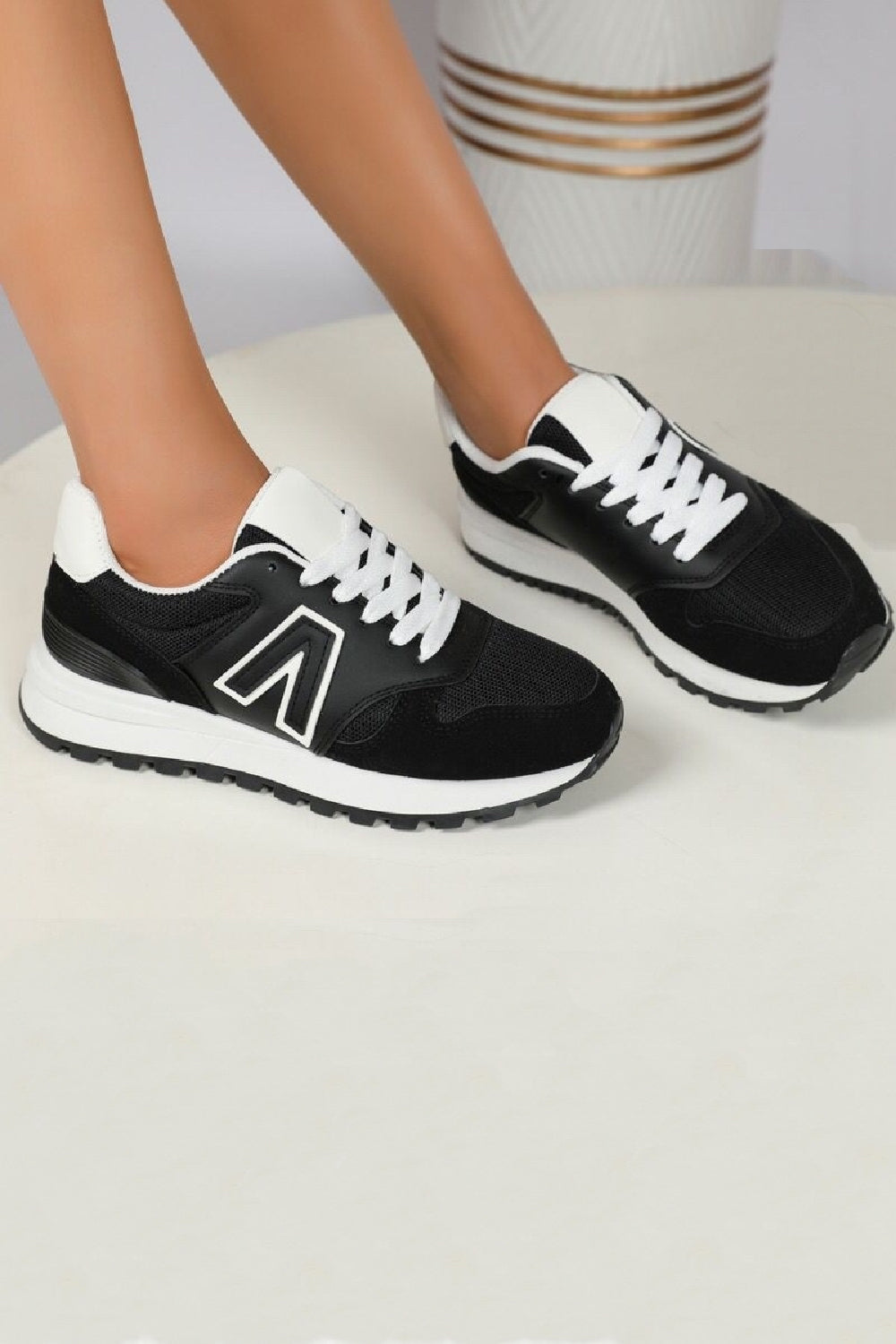 BLACK LACE UP SIDE DETAIL FASHION STYLISH FLAT TRAINERS