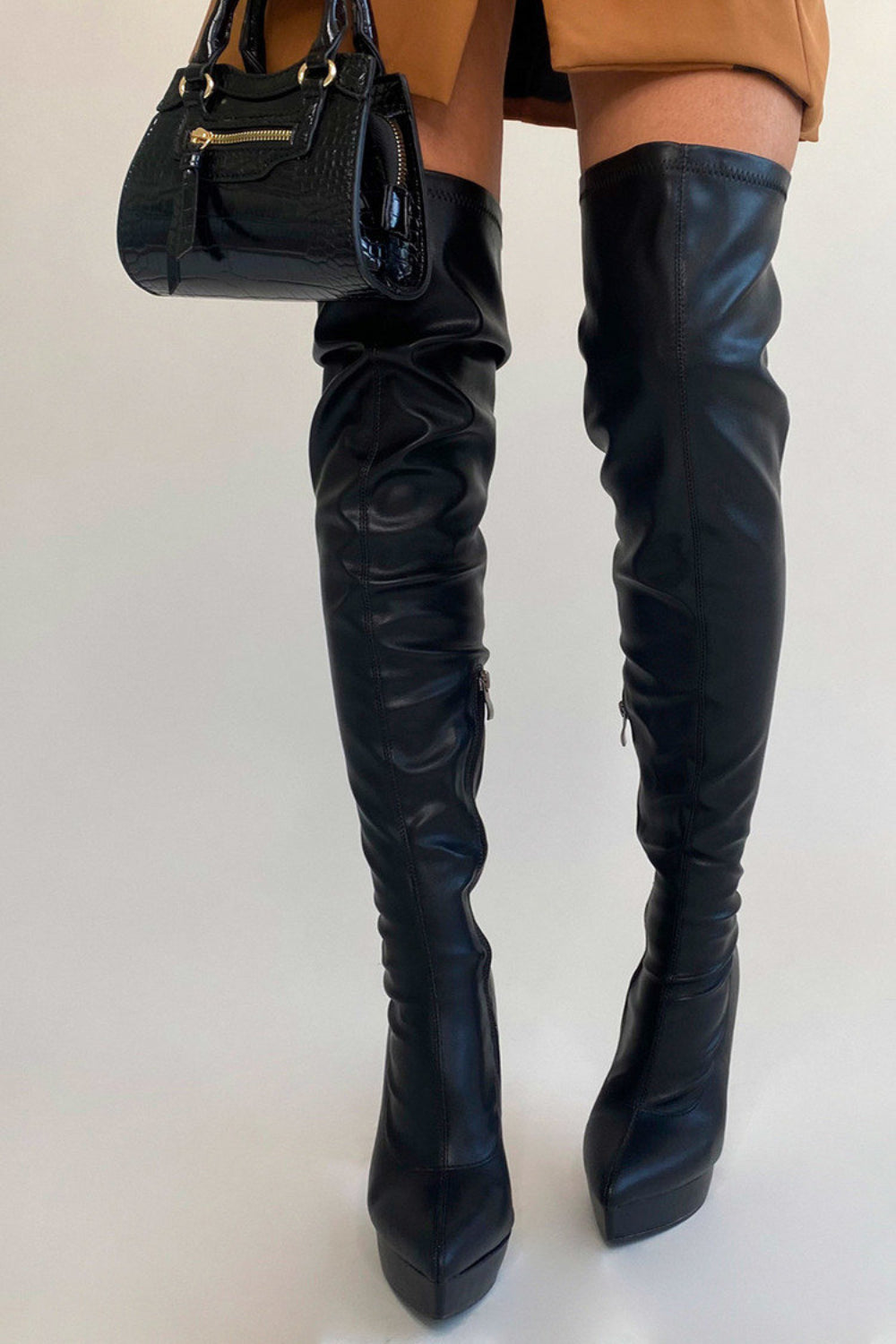 Black PU Pointed Toe Calf High Heel Boots With Side Zip