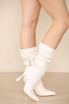 Cream PU Ruched Stiletto Heel Pointed Toe Calf High Boots