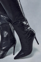 Black Croc High Heel Calf Boots With Pointed Toe