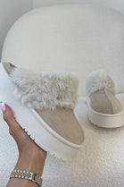 BEIGE PLATFORM MULE SLIPPER FAUX FUR FLUFFY SHOES