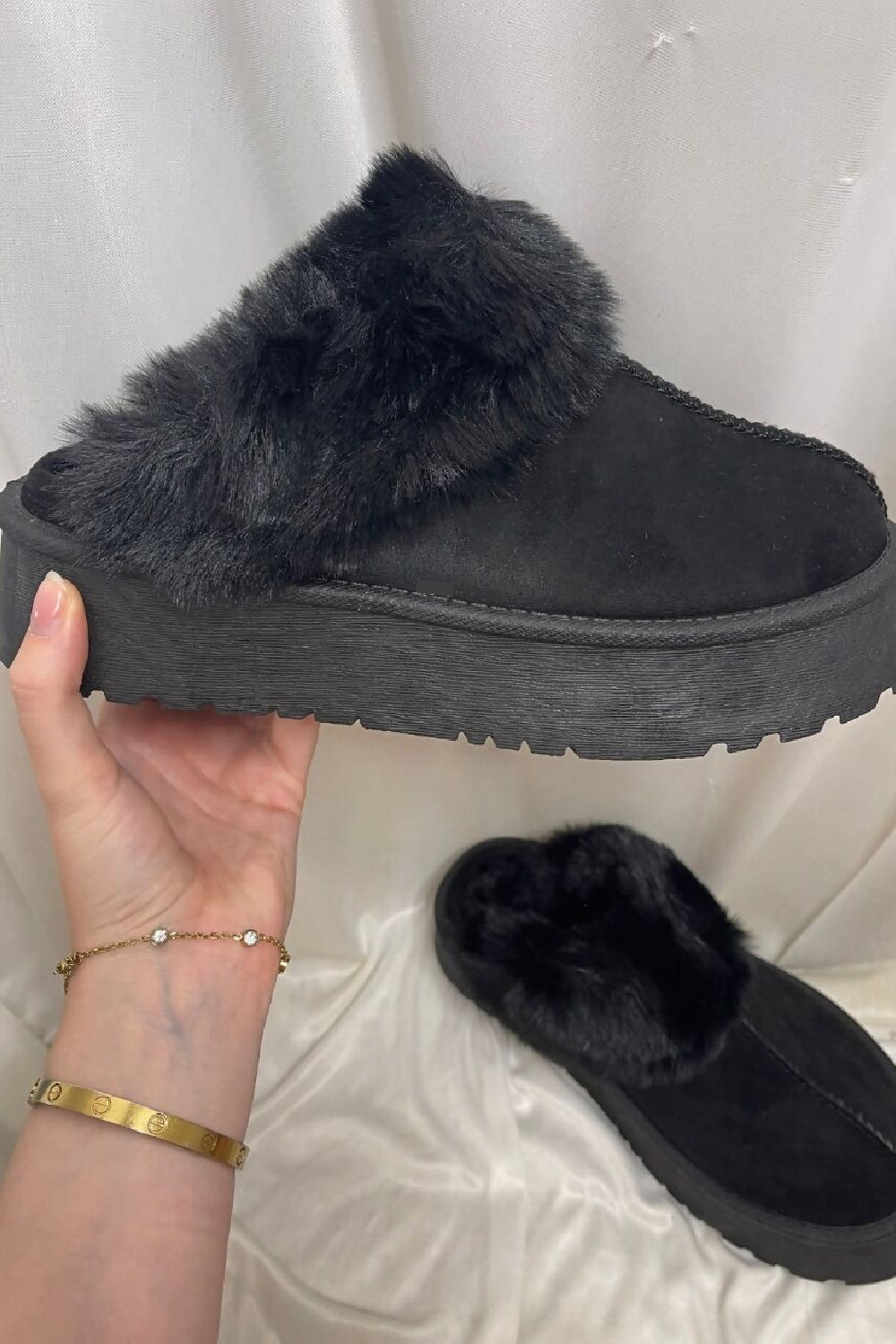 BLACK PLATFORM MULE SLIPPER FAUX FUR FLUFFY SHOES