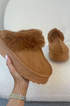 CAMEL PLATFORM MULE SLIPPER FAUX FUR FLUFFY SHOES