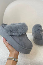 GREY PLATFORM MULE SLIPPER FAUX FUR FLUFFY SHOES