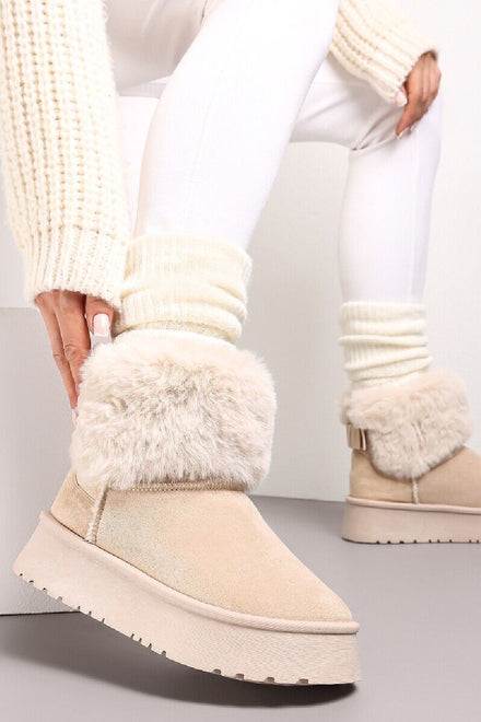 BEIGE FAUX FUR LINED CHUNKY PLATFORM BOW DETAIL FUR COLLAR ANKLE BOOTS