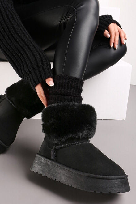 BLACK FAUX FUR LINED CHUNKY PLATFORM BOW DETAIL FUR COLLAR ANKLE BOOTS